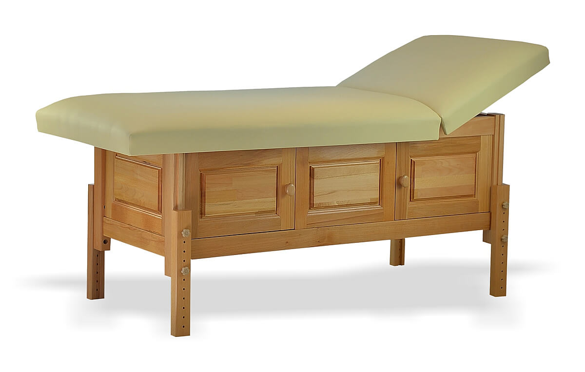 Masă de masaj staționară, model Bella, de la BIOS! Structura de lemn masiv finisată natur, pernă două secțiuni,