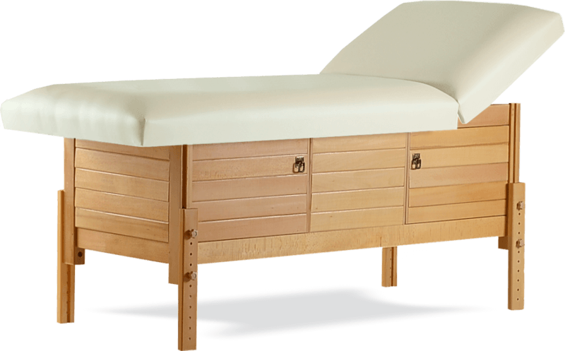Masă de masaj staționară, model Aisha, de la BIOS, pernă două secțiuni, tapițerie crem, finisaj lemn natur, spațiu de depozitare cu două usi batante.