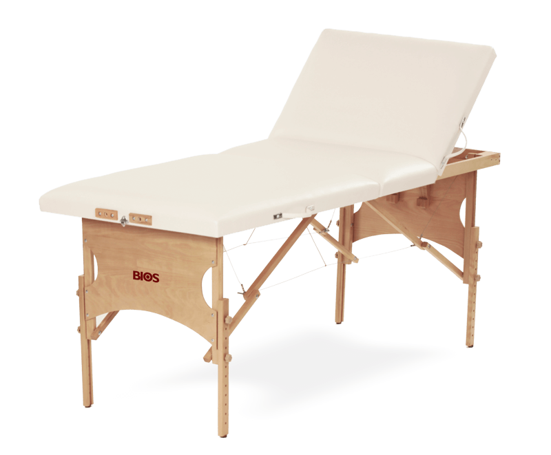 Masă de masaj portabilă, model Confort, pernă trei secţiuni, finisaj lemn natur, tapiţerie crem.