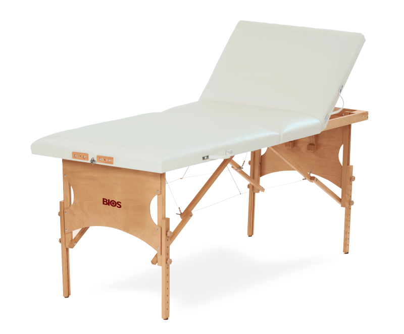 Masă de masaj portabilă, model Confort, pernă trei secţiuni, finisaj lemn natur, tapiţerie albă.