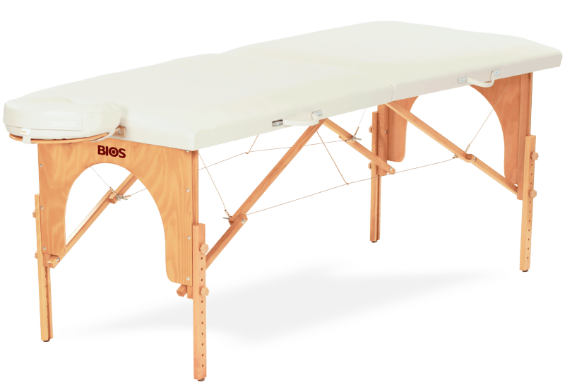 Masă de masaj portabilă, model Arcada, pernă două secţiuni, finisaj lemn natur, tapiţerie albă.