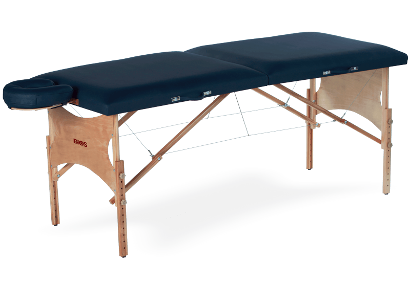 Masă de masaj portabilă, model Spirit, pernă două secţiuni, finisaj lemn natur, tapiţerie albastru închis.