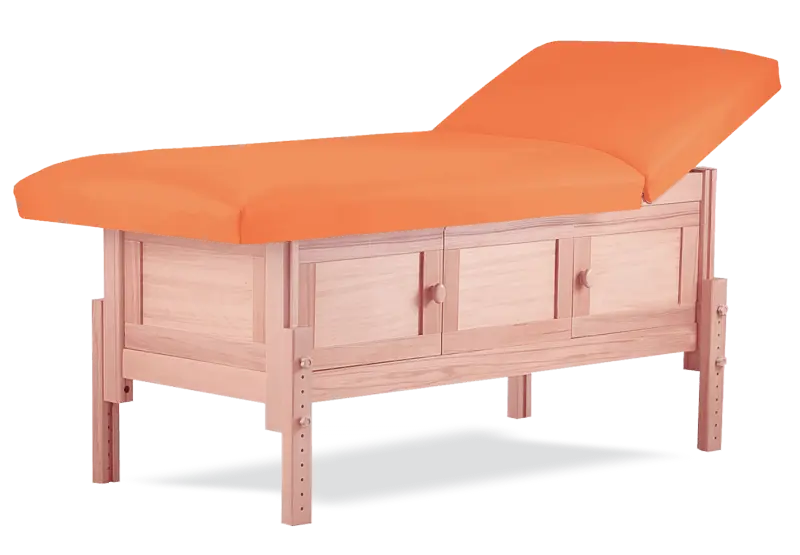 Masă de masaj staţionară, model Hermes, pernă două secţiuni, finisaj lemn natur, tapiţerie orange.