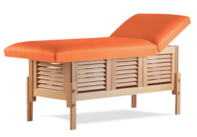 Masă de masaj staţionară, model Laguna, pernă două secţiuni, finisaj lemn natur, tapiţerie orange.