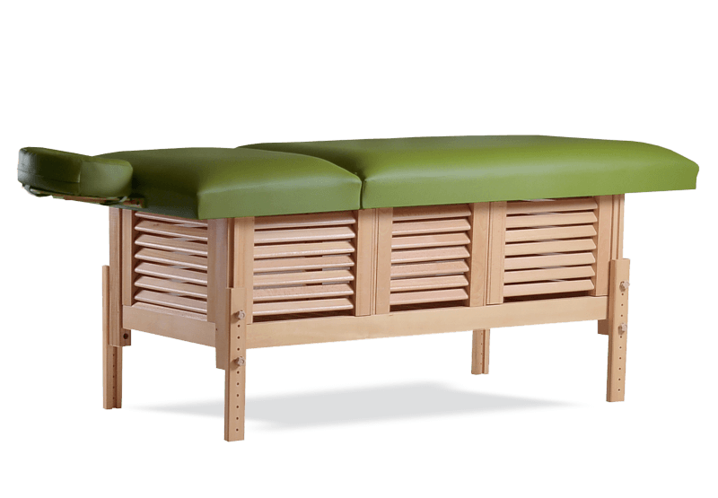 Masă de masaj staţionară, model Laguna, pernă două secţiuni, finisaj lemn natur, tapiţerie verde-kaki.