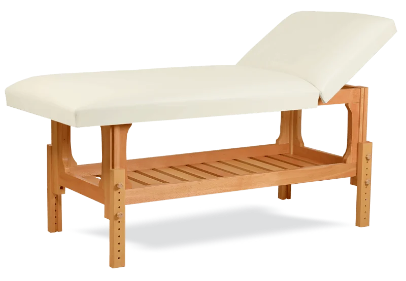 Masă de masaj staţionară, model Lotus, pernă două secţiuni, finisaj lemn natur, tapiţerie crem.