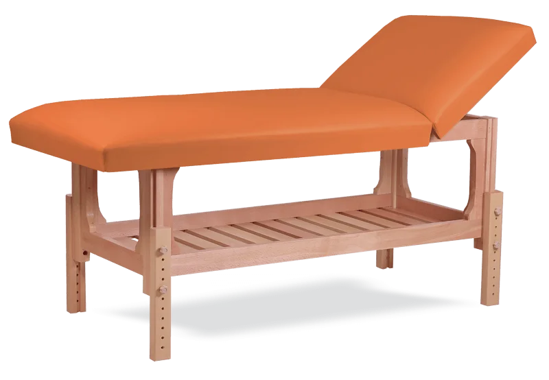 Masă de masaj staţionară, model Lotus, pernă două secţiuni, finisaj lemn natur, tapiţerie orange.