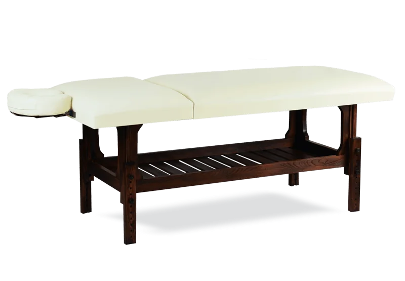 Masă de masaj staţionară, model Lotus, pernă două secţiuni, finisaj lemn wenge, tapiţerie crem.